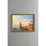 Deniz Kıyısında Yelkenliler - Vintage Desenli Çerçeve - İnce Model, Altın4, 21 x 30