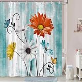 Deniz Mavisi Papatya Duş Perdesi, Çiftlik Beyaz Mavi Papatya Çiçekli Çiçekler ve Kelebek Banyo için Ahşap Duş Perdesi, 12 Parça Kancalı Papatya Duş Perdesi Seti, 170 x 180 cm