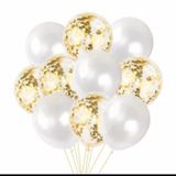 Deniz Party Store-GOLD KONFETİLİ ŞEFFAF BALON METALİK BEYAZ BALON 12 İNÇ 10 ADET