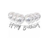 Deniz Party Store Gümüş Konfetili Şeffaf Balon Gümüş Happy Bırthday Kaligrafi Yazı
