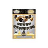 Deniz Party Store Happy Bırthday Siyah Üzeri Gold Baskılı Balonlu Zigzag Yazı