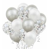 Deniz Party Store-Metalik gümüş beyaz gümüş konfetili şeffaf balon 12 inç 15 adet