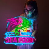 Deniz Ürünleri Neon Tabela - Neon LED Metal Duvar Sanatı, Restoranlar ve Evler için Deniz Dekoru (Uzaktan Kumandasız Küçük)