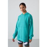 Deniz Yeşili Balon Kol Yazı Nakışlı Kadın Oversize Tunik Sweatshirt - 97163
