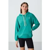 Deniz Yeşili Kompakt Pamuklu Kalın Pürüzsüz Dokulu Kapüşonlu Oversize Fit Kadın Sweatshirt - 97291