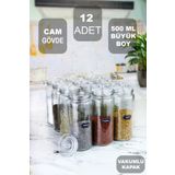 Denizcan Home 12 Adet Vakum Kapaklı Büyük Boy Cam Baharatlık Seti 500 ML