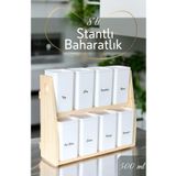 Denizcan Home 8 li ahşap standlı Vakum kapaklı Porselen görünümlü baharatlık takımı - Şeffaf Etiket Hediyeli