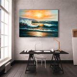 Denizde Gün Batımı Yağlı Boya Dokulu Tablo 50X70 Gümüş Çerçeveli
