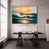 Denizde Gün Batımı Yağlı Boya Dokulu Tablo 90X120 Gümüş Çerçeveli