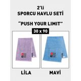 Denizli Cotton 2'li Nakışlı Sporcu Havlusu Pamuklu, Ter Emici Fitness Plates Boks Tenis Spor Havlusu - Lila - Mavi - Renk
