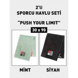 Denizli Cotton 2'li Nakışlı Sporcu Havlusu Pamuklu, Ter Emici Fitness Plates Boks Tenis Spor Havlusu - Renk - Mint Yeşili - Siyah