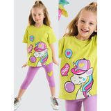 Denokids 6 Yaş Kız Çocuk Unicorn Desenli Cool T-shirt Ve Tayt Takım Eğlenceli Renkler - Sarı - Pembe