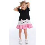 Denokids Beyaz Kedi Fırfırlı Kız Çocuk Elbise - 7 Yaş - Siyah - Pembe