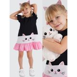 Denokids Beyaz Kedi Fırfırlı Kız Çocuk Siyah Yazlık Elbise - 2 Yaş - Siyah - Pembe