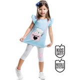 Denokids Çantada Pisi Kız Çocuk Tunik Tayt Takım - Mavi - Beyaz - 2 Yaş