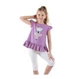 Denokids Çiçekli Kedi Kız Çocuk Mor T-shirt Tayt Takım