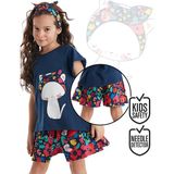 Denokids Çiçekli Kedi Kız Çocuk T-shirt ve Poplin Şort Takım Eğlenceli Yaz Teması - 2 Yaş - Lacivert