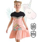 Denokids Çiçekli Unicorn Kız Çocuk Somon Siyah Elbise - 7 Yaş - Pembe