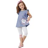 Denokids Deniz Kedisi Kız Çocuk Tunik Tayt Takım - Mavi - Beyaz - 3 Yaş