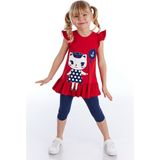 Denokids Denizci Kedi Kız Çocuk Tunik Tayt Takım - 2 Yaş - Kırmızı - Lacivert