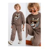 Denokids Erkek Çocuk Eşofman Takım Kaplan Aplikeli Kahverengi – %100 Pamuk Kışlık Oversize (5-11 Yaş)
