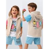 Denokids Erkek Çocuk Kapüşonlu Yelek Keten Görünümlü Dokuma Kumaş Canavar Baskılı - 8 Yaş - Bej