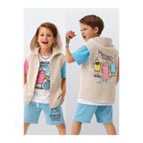 Denokids Erkek Çocuk Kapüşonlu Yelek Keten Görünümlü Dokuma Kumaş Canavar Baskılı