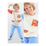 Denokids Erkek Çocuk Kışlık Dinozor Desenli Bej Uzun Kollu 2 Parça Eşofman Takımı 2-7 Yaş