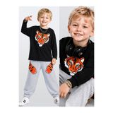 Denokids Erkek Çocuk Kışlık Kaplan Desenli Siyah Uzun Kollu 2 Parça T-Shirt Pantolon Takımı 3-8 Yaş