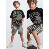 Denokids Erkek Çocuk Takım Croco Siyah T-Shirt ve Çizgili Keten Görünümlü Yazlık Şort - 7 Yaş