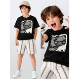 Denokids Erkek Çocuk Takım Dino Pamuk T-Shirt ve Çizgili Keten Görünümlü Yazlık Şort - 2 Yaş - Siyah