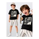 Denokids Erkek Çocuk Takım Dino Pamuk T-Shirt Ve Çizgili Keten Görünümlü Yazlık Şort