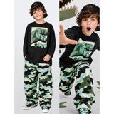 Denokids Erkek Çocuk Takım Dinozor Baskılı Kamuflaj-Pantolon %100 Pamuk (5-11 Yaş) - 9 Yaş - Siyah