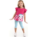 Denokids Fırfırlı Kedicik Kız Çocuk T-shirt Tayt Takım - 2 Yaş - Pembe - Mavi