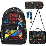 Denokids Game Erkek Çocuk Ilkokul 4'lü Çanta Seti - Sırt Çantası Beslenme Çantası Kalem Kutusu Anahtarlık - Siyah