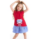 Denokids Kedi Baskılı Kırmızı Kız Çocuk T-Shirt Elbise Günlük Rahat Stil - Kırmızı - Mavi - 4 Yaş