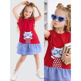Denokids Kedi Baskılı Kırmızı Kız Çocuk T-Shirt Elbise Günlük Rahat Stil - Kırmızı - Mavi - 7 Yaş