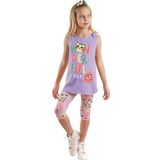 Denokids Kedili Çiçekli Kolsuz Kız Çocuk Yazlık Tunik T-shirt Tayt Takım