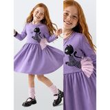 Denokids Kız Çocuk Elbise Kedi Baskılı Tül Detaylı – Uzun Kollu Fırfırlı Elbise (4-9 Yaş) - Mor - 8 Yaş