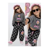 Denokids Kız Çocuk Eşofman Takım Crop Sweatshirt - Damalı Bol Eşofman Altı Oversize Kışlık (4-10 Yaş)