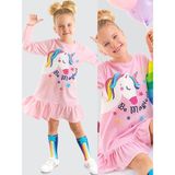 Denokids Kız Çocuk Kışlık Unicorn Desenli Pembe Uzun Kollu Fırfırlı Elbise 2-8 Yaş - 7 Yaş