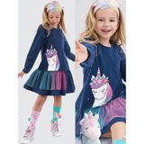 Denokids Kız Çocuk Kışlık Unicorn Desenli Tüllü Lacivert Uzun Kollu Fırfırlı Elbise 2-8 Yaş - 6 Yaş