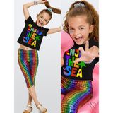 Denokids Kız Çocuk Renkli Takım Baskılı Crop Top & Varak Tayt Ilkbahar Yaz 5-10 Yaş - Çok Renkli - 6 Yaş