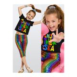 Denokids Kız Çocuk Renkli Takım Baskılı Crop Top & Varak Tayt İlkbahar Yaz 5-10 Yaş