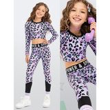 Denokids Kız Çocuk Spor Takımı Leopar Desen – Crop Üst ve Sporcu Tayt (6-11 Yaş) - 6 Yaş - Lila