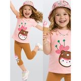 Denokids Kız Çocuk Takım Çiçekli Ayıcıklı Tunik Boy T-Shirt Tayt Yazlık 2-8 Yaş - Pembe - 2 Yaş