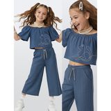Denokids Kız Çocuk Takım Denim Görünümlü Bluz Pantolon Dokuma Yazlık 4-10 Yaş - Mavi - 4 Yaş