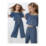 Denokids Kız Çocuk Takım Denim Görünümlü Bluz Pantolon Dokuma Yazlık 4-10 Yaş