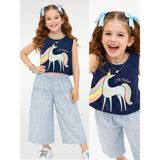 Denokids Kız Çocuk Takım Ikili Unicorn Penye T-Shirt Dokuma Geniş Paça Pantolon Yazlık 4-10 Yaş - Mavi - 7 Yaş