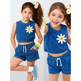 Denokids Kız Çocuk Takım Papatya Çiçekli Havlu Kumaş Crop Top Şort Takım Ilkbahar Yaz 4-10 Yaş - Mavi - 6 Yaş